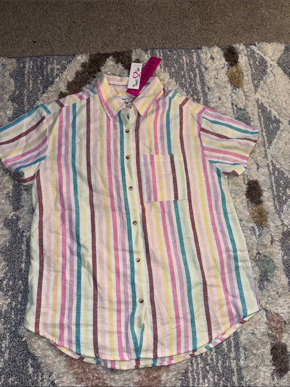 Times Two Maternity Pastel Multi-Stripe Short Sleeve Button-Down Shirt